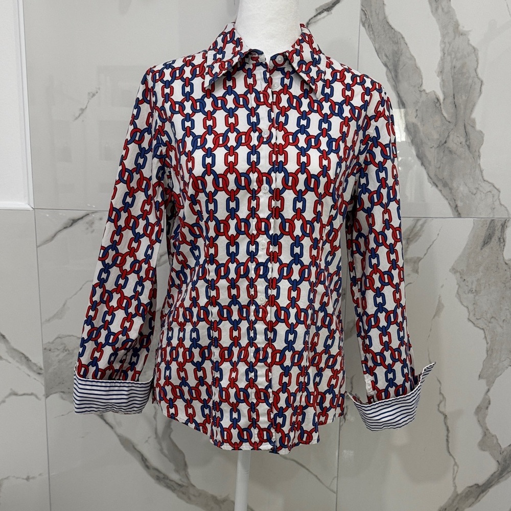 Jones New York Red Blue Geometric Chain Link Button Down Shirt Size S - Picture 2 of 8